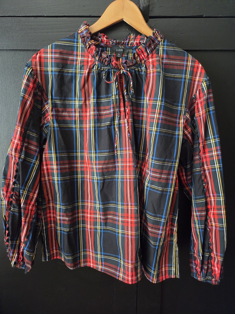 J. Crew Women's Red Plaid Ruffle-Neck Top ~ Size XL